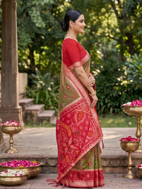 Mehndi Pochampalli Soft Silk Saree with Grand Ikat Woven Pallu & Running Blouse Piece