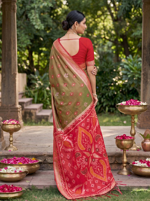 Mehndi Pochampalli Soft Silk Saree with Grand Ikat Woven Pallu & Running Blouse Piece