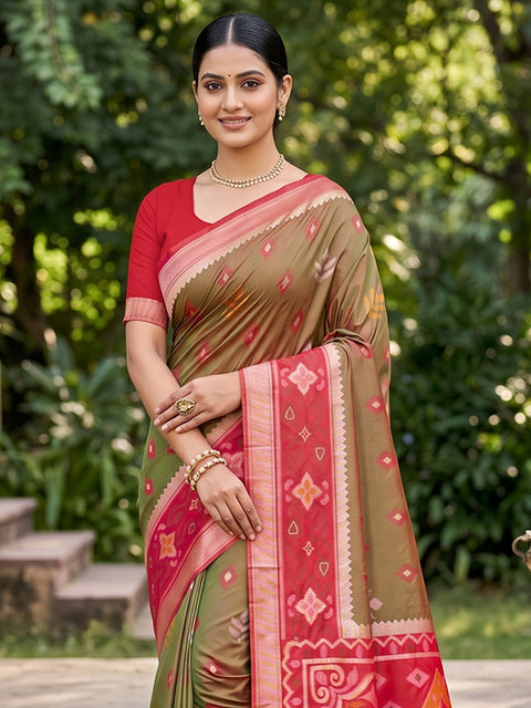 Mehndi Pochampalli Soft Silk Saree with Grand Ikat Woven Pallu & Running Blouse Piece