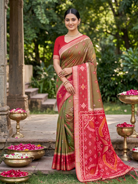 Mehndi Pochampalli Soft Silk Saree with Grand Ikat Woven Pallu & Running Blouse Piece