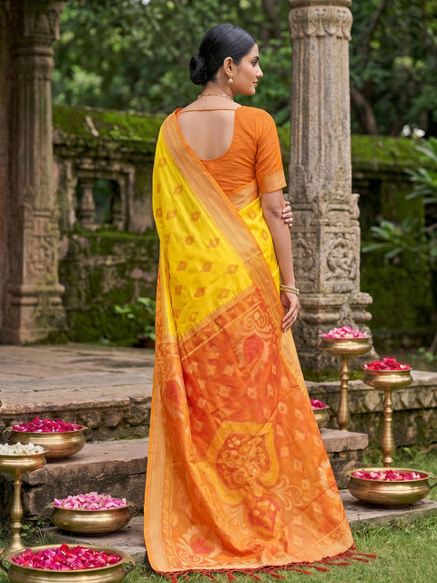 Yellow Pochampalli Soft Silk Saree with Grand Ikat Woven Pallu & Running Blouse Piece