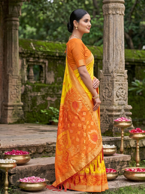 Yellow Pochampalli Soft Silk Saree with Grand Ikat Woven Pallu & Running Blouse Piece