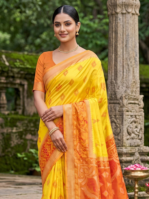 Yellow Pochampalli Soft Silk Saree with Grand Ikat Woven Pallu & Running Blouse Piece
