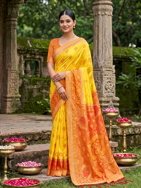 Yellow Pochampalli Soft Silk Saree with Grand Ikat Woven Pallu & Running Blouse Piece