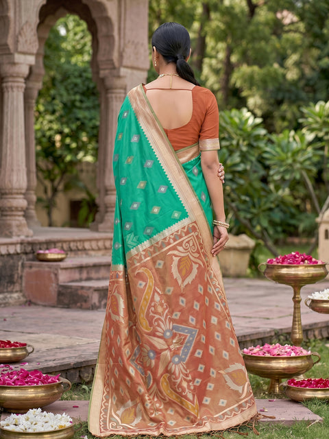 Rama Green Pochampalli Soft Silk Saree with Grand Ikat Woven Pallu & Running Blouse Piece