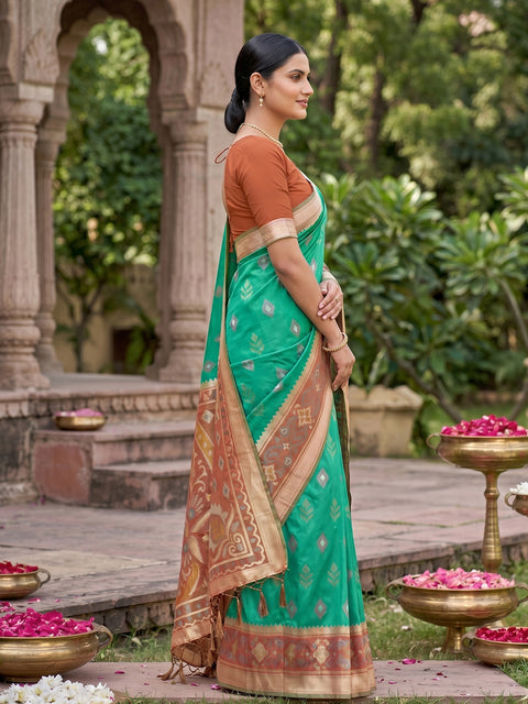 Rama Green Pochampalli Soft Silk Saree with Grand Ikat Woven Pallu & Running Blouse Piece