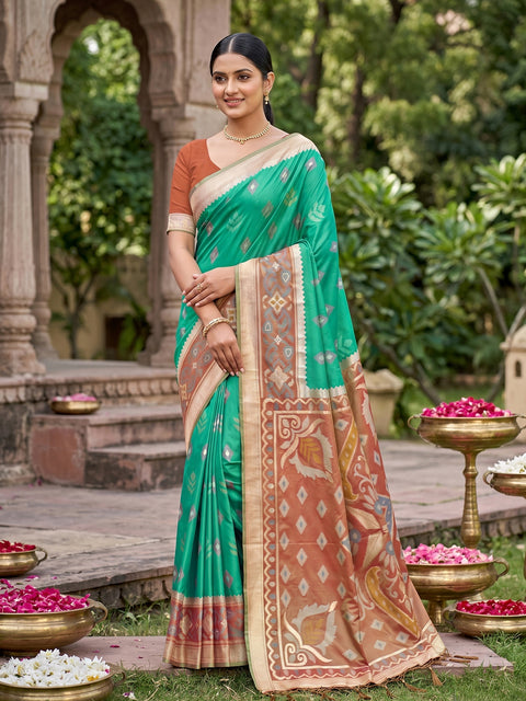 Rama Green Pochampalli Soft Silk Saree with Grand Ikat Woven Pallu & Running Blouse Piece