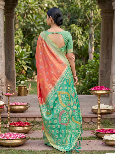 Orange Pochampalli Soft Silk Saree with Grand Ikat Woven Pallu & Running Blouse Piece