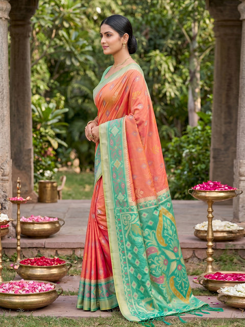 Orange Pochampalli Soft Silk Saree with Grand Ikat Woven Pallu & Running Blouse Piece