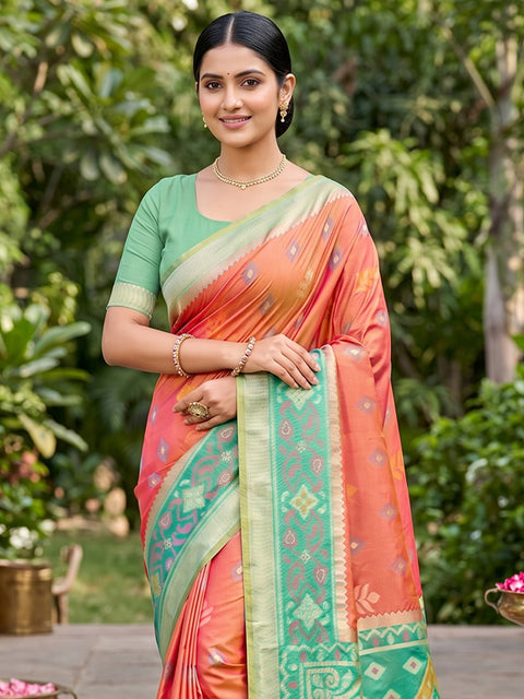 Orange Pochampalli Soft Silk Saree with Grand Ikat Woven Pallu & Running Blouse Piece