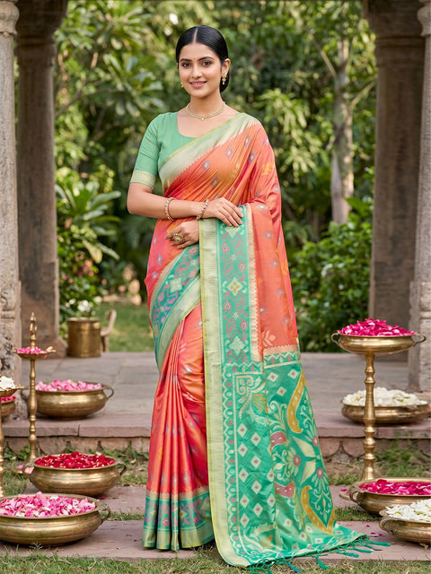 Orange Pochampalli Soft Silk Saree with Grand Ikat Woven Pallu & Running Blouse Piece