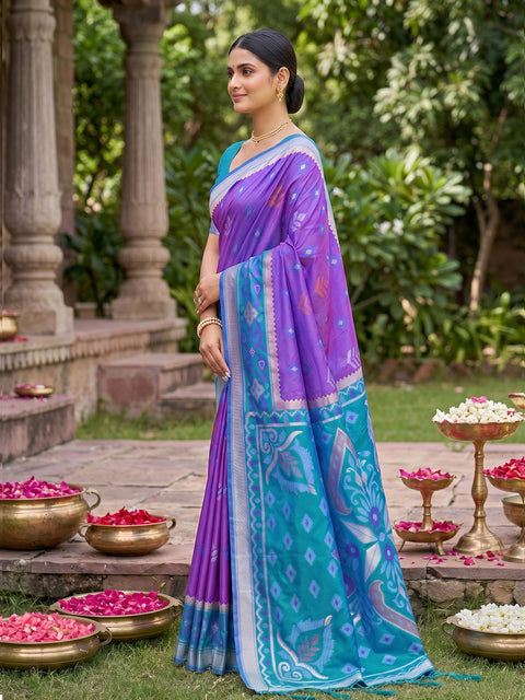Purple Pochampalli Soft Silk Saree with Grand Ikat Woven Pallu & Running Blouse Piece