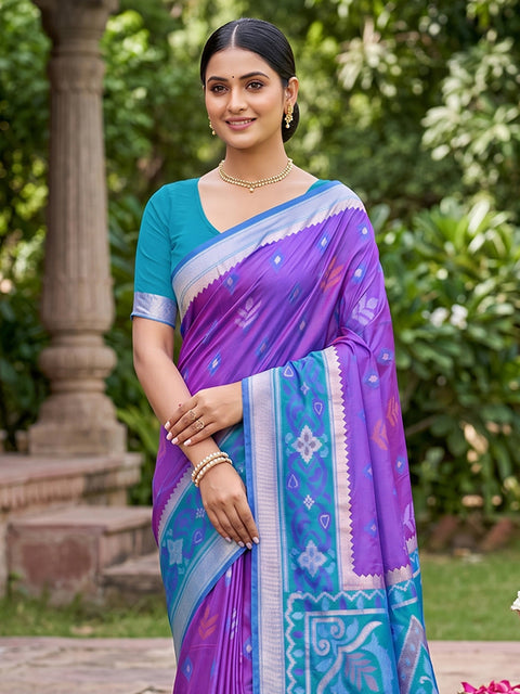 Purple Pochampalli Soft Silk Saree with Grand Ikat Woven Pallu & Running Blouse Piece