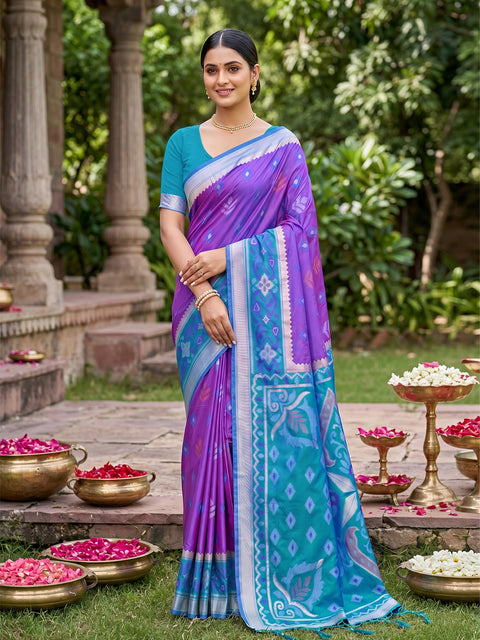 Purple Pochampalli Soft Silk Saree with Grand Ikat Woven Pallu & Running Blouse Piece