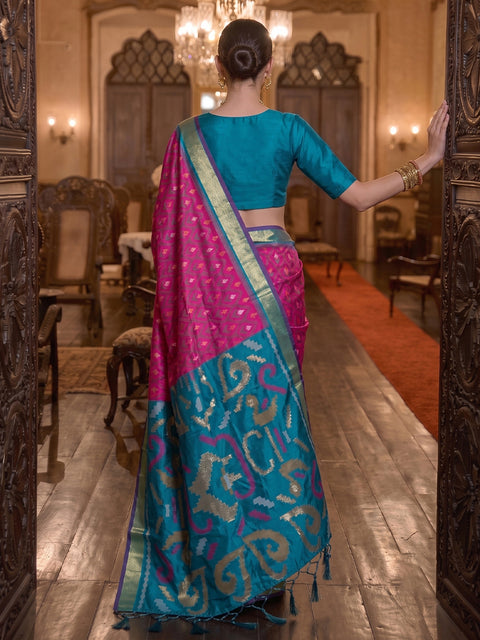 Rani Pink Soft Silk Woven Saree with Teal Blue Pallu