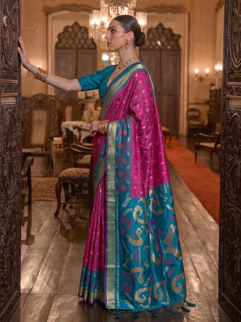 Rani Pink Soft Silk Woven Saree with Teal Blue Pallu