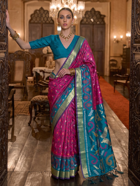 Rani Pink Soft Silk Woven Saree with Teal Blue Pallu