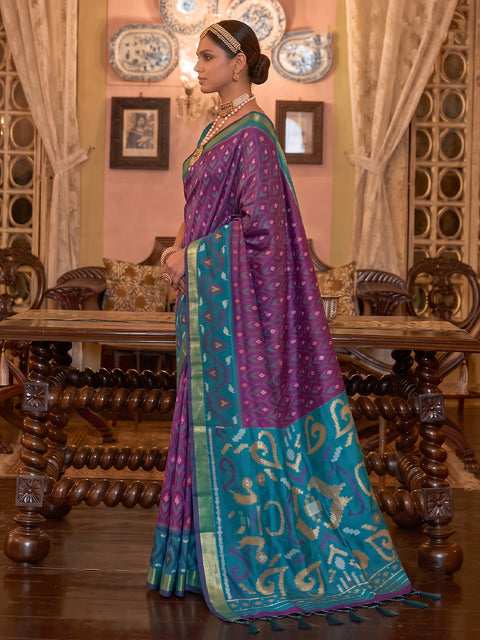 Purple Soft Silk Woven Saree with Teal Blue Pallu