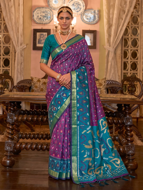 Purple Soft Silk Woven Saree with Teal Blue Pallu