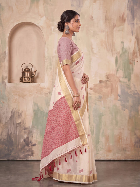 Cream Cotton Linen Geometric Buti Woven Saree with Pink Chevron Pallu