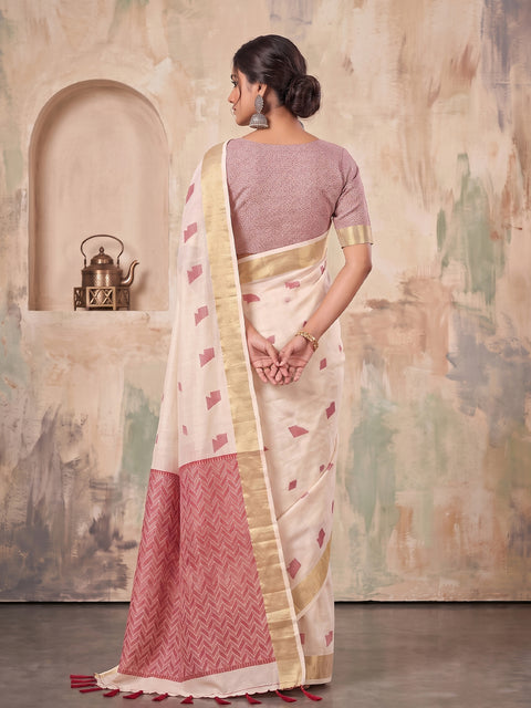 Cream Cotton Linen Geometric Buti Woven Saree with Pink Chevron Pallu