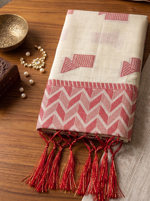 Cream Cotton Linen Geometric Buti Woven Saree with Pink Chevron Pallu