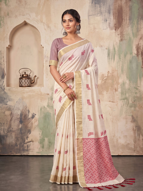 Cream Cotton Linen Geometric Buti Woven Saree with Pink Chevron Pallu