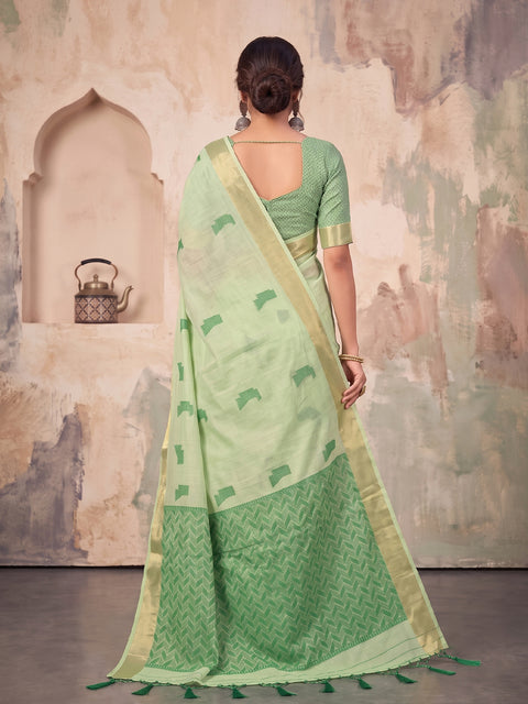 Light Green Cotton Linen Geometric Buti Woven Saree with Chevron Pallu