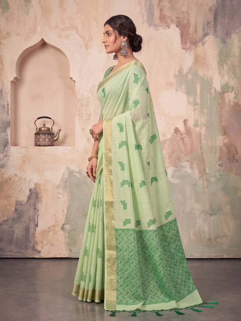 Light Green Cotton Linen Geometric Buti Woven Saree with Chevron Pallu