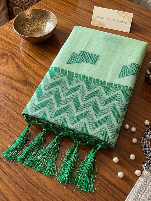 Light Green Cotton Linen Geometric Buti Woven Saree with Chevron Pallu