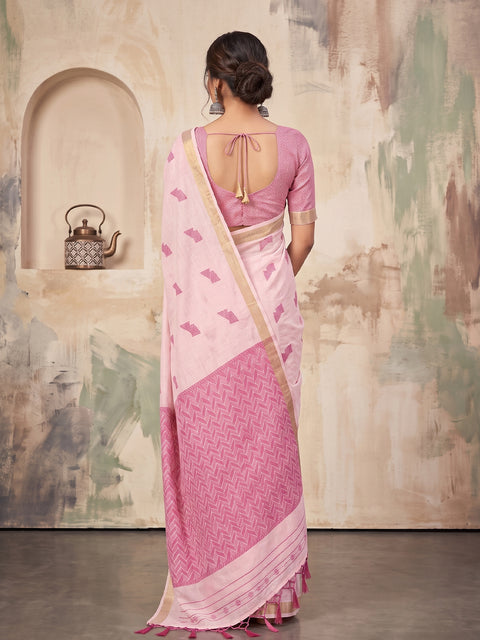 Light Pink Cotton Linen Geometric Buti Woven Saree with Chevron Pallu