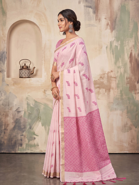 Light Pink Cotton Linen Geometric Buti Woven Saree with Chevron Pallu
