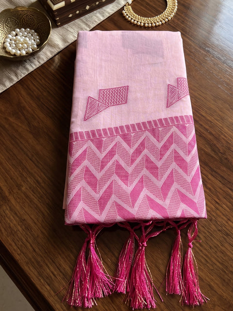 Light Pink Cotton Linen Geometric Buti Woven Saree with Chevron Pallu