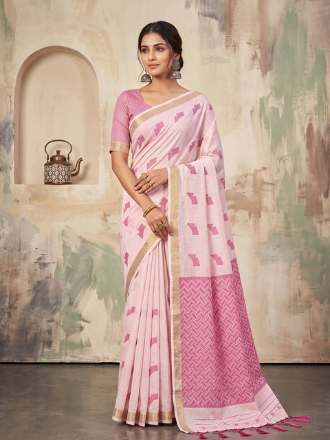 Light Pink Cotton Linen Geometric Buti Woven Saree with Chevron Pallu
