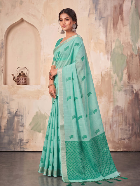 Teal Green Cotton Linen Geometric Buti Woven Saree with Chevron Pallu