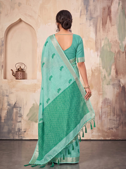 Teal Green Cotton Linen Geometric Buti Woven Saree with Chevron Pallu