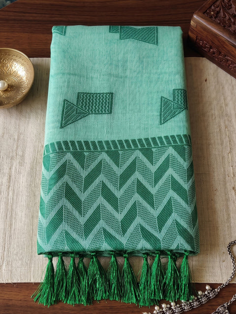 Teal Green Cotton Linen Geometric Buti Woven Saree with Chevron Pallu