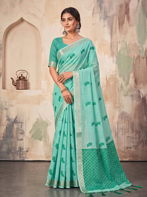 Teal Green Cotton Linen Geometric Buti Woven Saree with Chevron Pallu