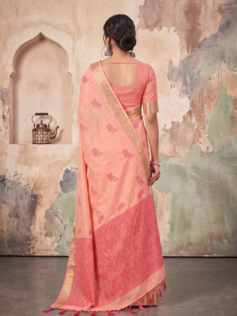 Peach Cotton Linen Geometric Buti Woven Saree with Chevron Pallu