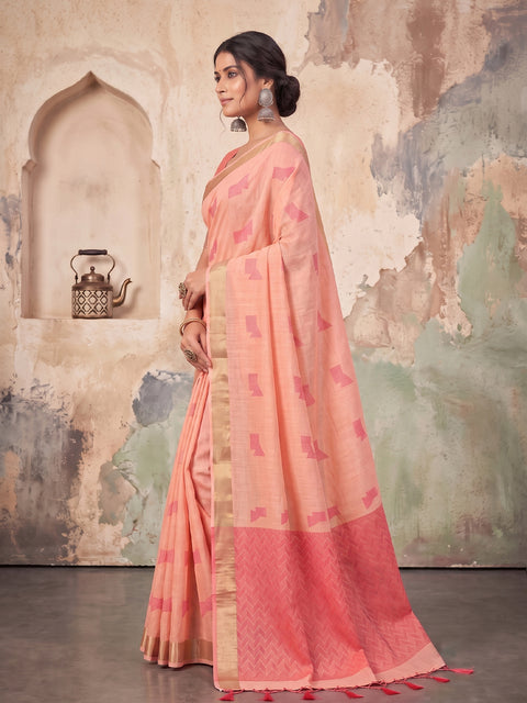 Peach Cotton Linen Geometric Buti Woven Saree with Chevron Pallu