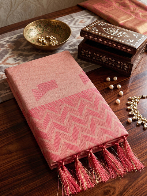 Peach Cotton Linen Geometric Buti Woven Saree with Chevron Pallu