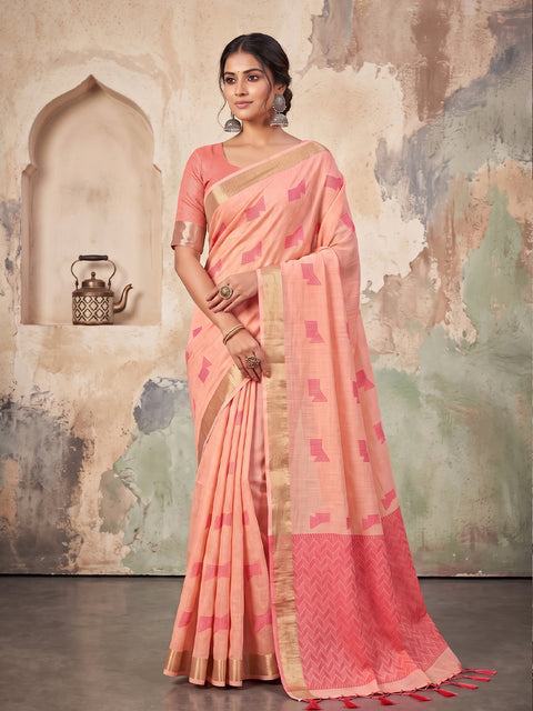 Peach Cotton Linen Geometric Buti Woven Saree with Chevron Pallu
