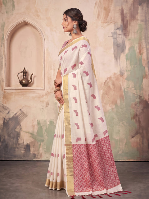 White Cotton Linen Geometric Buti Woven Saree with Chevron Pallu