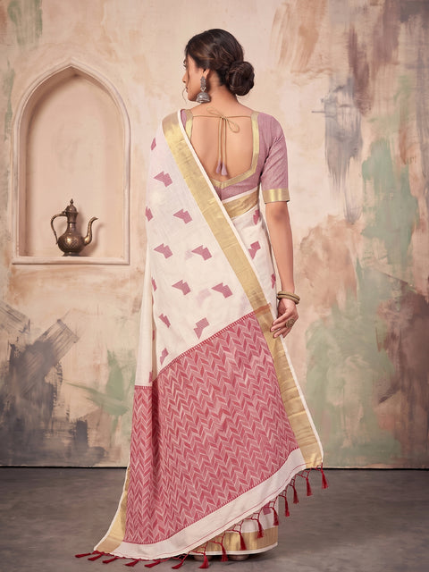 White Cotton Linen Geometric Buti Woven Saree with Chevron Pallu