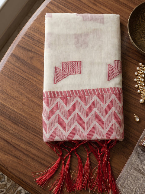 White Cotton Linen Geometric Buti Woven Saree with Chevron Pallu