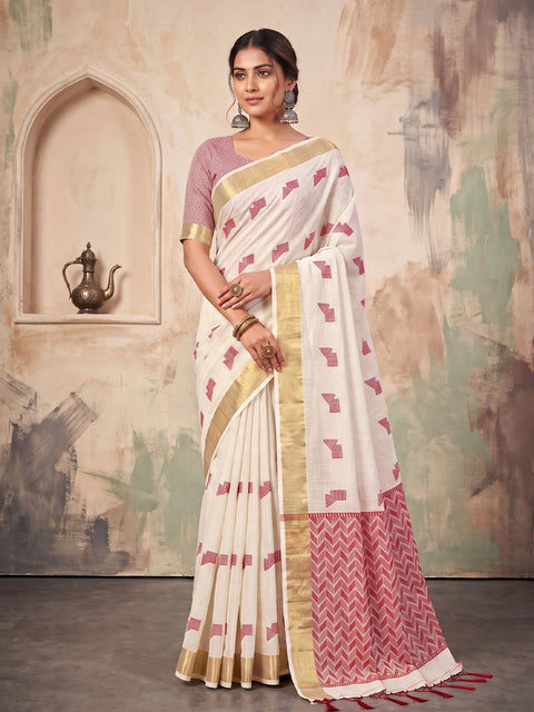 White Cotton Linen Geometric Buti Woven Saree with Chevron Pallu