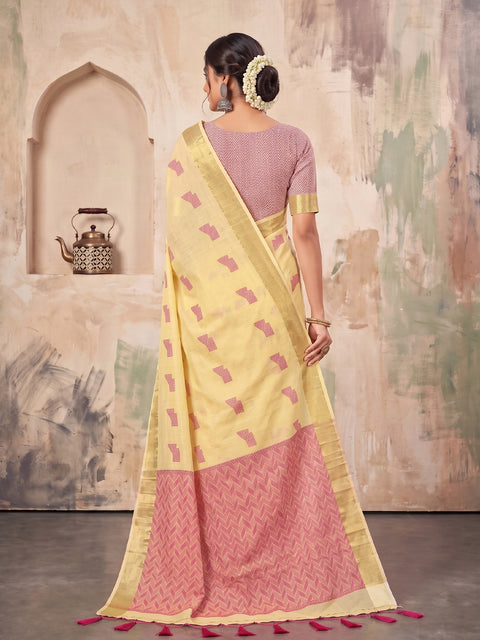 Yellow Cotton Linen Geometric Buti Woven Saree with Chevron Pallu