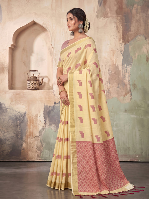 Yellow Cotton Linen Geometric Buti Woven Saree with Chevron Pallu