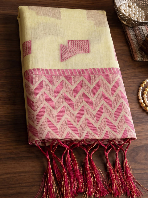 Yellow Cotton Linen Geometric Buti Woven Saree with Chevron Pallu