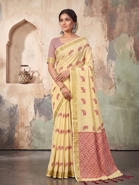 Yellow Cotton Linen Geometric Buti Woven Saree with Chevron Pallu